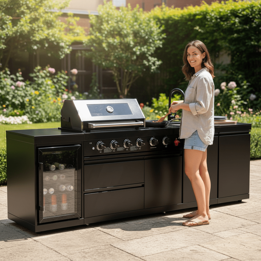 104" 4-Burner 72,000 BTU Black Outdoor Kitchen Bar Barbecue Island Grill + Wine Cooler + Sink - Home Outpost Supply