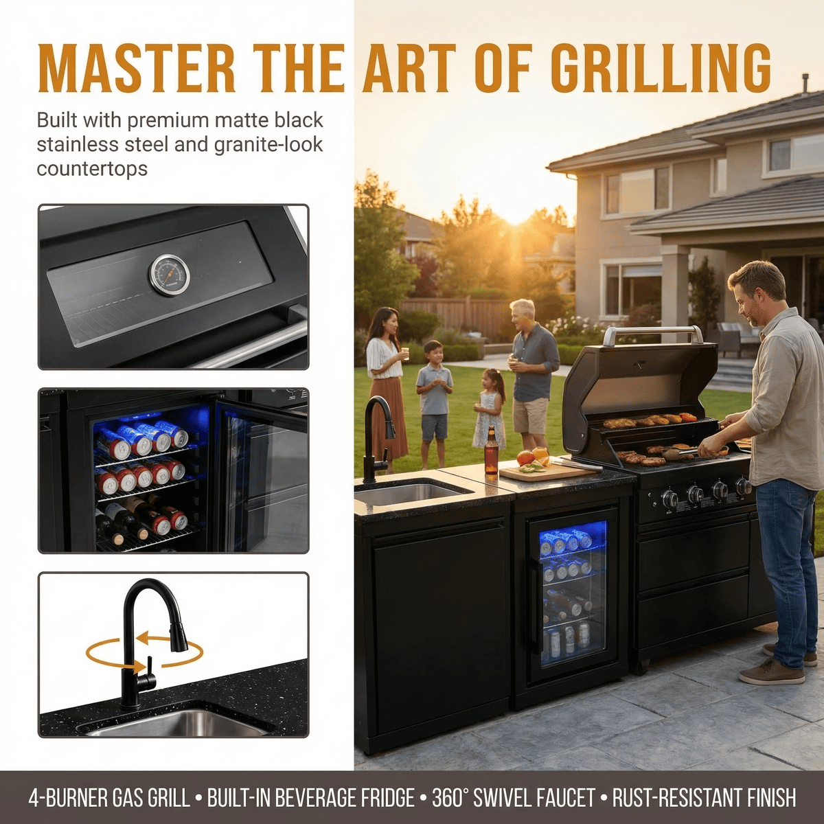 104" 4-Burner 72,000 BTU Black Outdoor Kitchen Bar Barbecue Island Grill + Wine Cooler + Sink - Home Outpost Supply