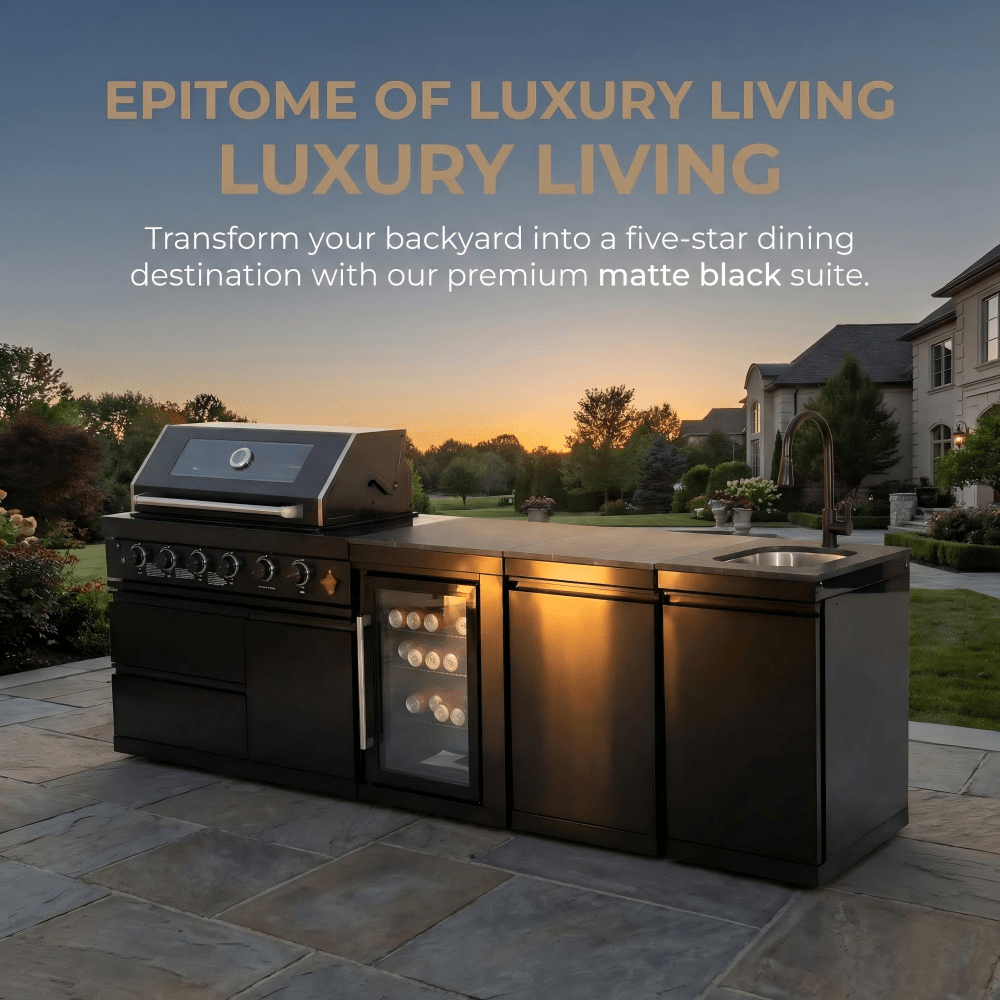 104" 4-Burner 72,000 BTU Black Outdoor Kitchen Bar Barbecue Island Grill + Wine Cooler + Sink - Home Outpost Supply