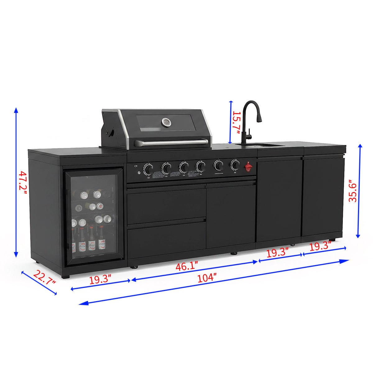 104" 4-Burner 72,000 BTU Black Outdoor Kitchen Bar Barbecue Island Grill + Wine Cooler + Sink - Home Outpost Supply
