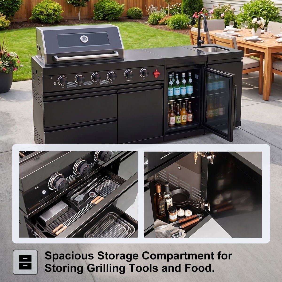 104" 4-Burner 72,000 BTU Black Outdoor Kitchen Bar Barbecue Island Grill + Wine Cooler + Sink - Home Outpost Supply