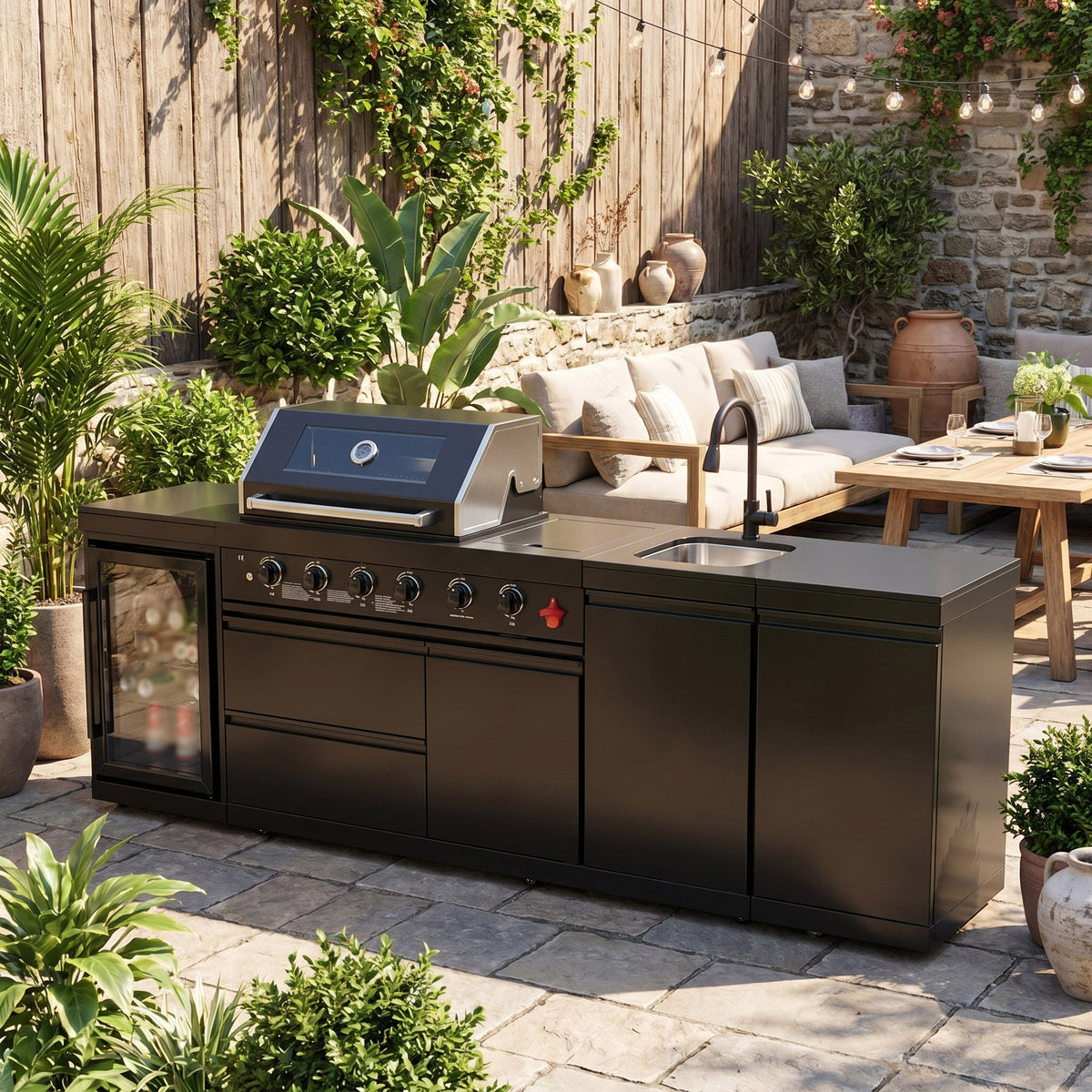 104" 4-Burner 72,000 BTU Black Outdoor Kitchen Bar Barbecue Island Grill + Wine Cooler + Sink - Home Outpost Supply