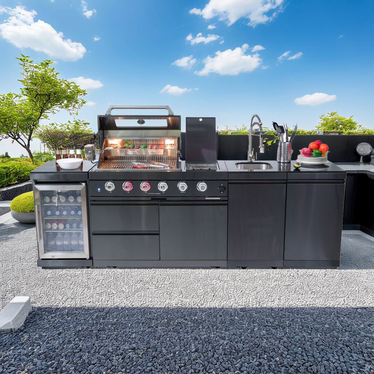 104" 4-Burner 72000 BTU Black Outdoor Kitchen Island Grill with Storage Cabinets & Drawers - Home Outpost Supply