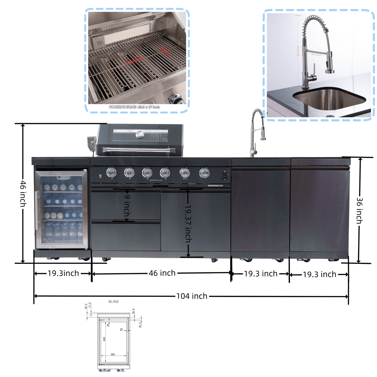 104" 4-Burner 72000 BTU Black Outdoor Kitchen Island Grill with Storage Cabinets & Drawers - Home Outpost Supply