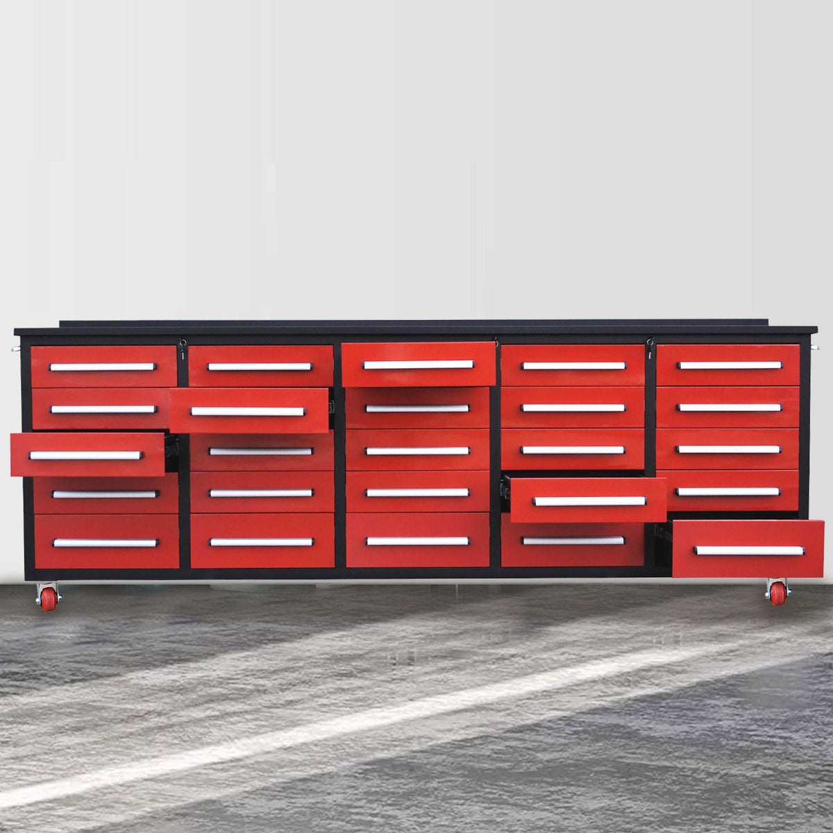 10ft 25-Drawer Storage Workbench with Wheels - Home Outpost Supply