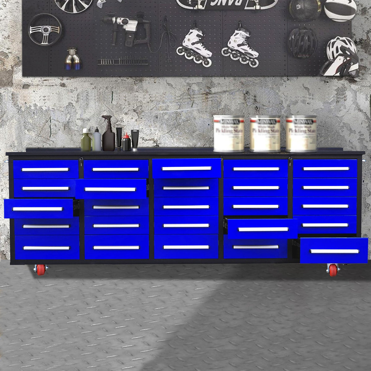 10ft 25-Drawer Storage Workbench with Wheels - Home Outpost Supply