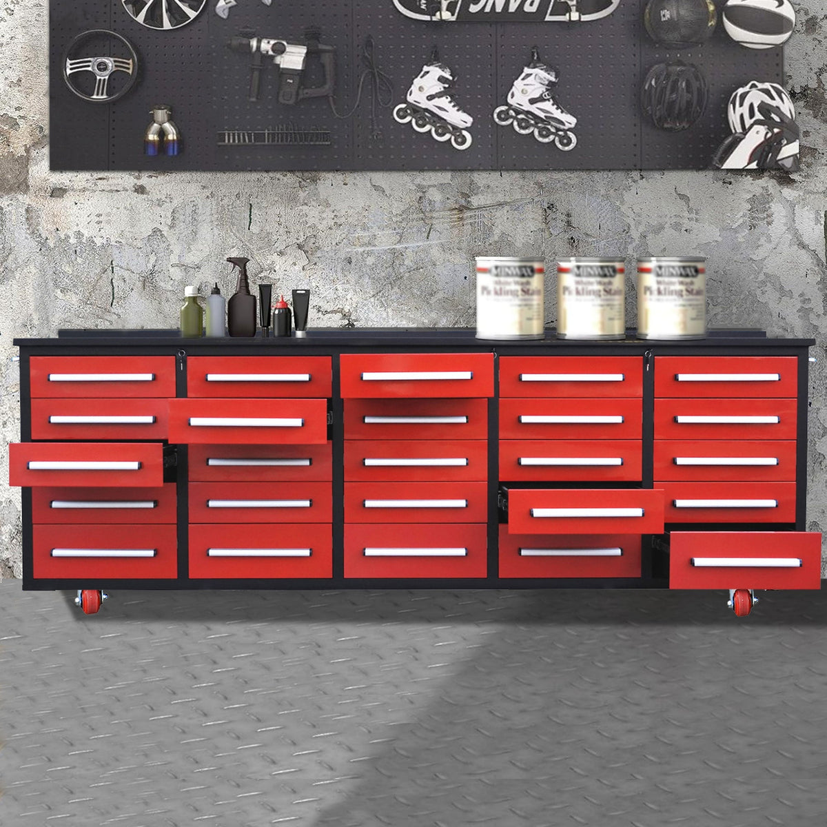 10ft 25-Drawer Storage Workbench with Wheels - Home Outpost Supply