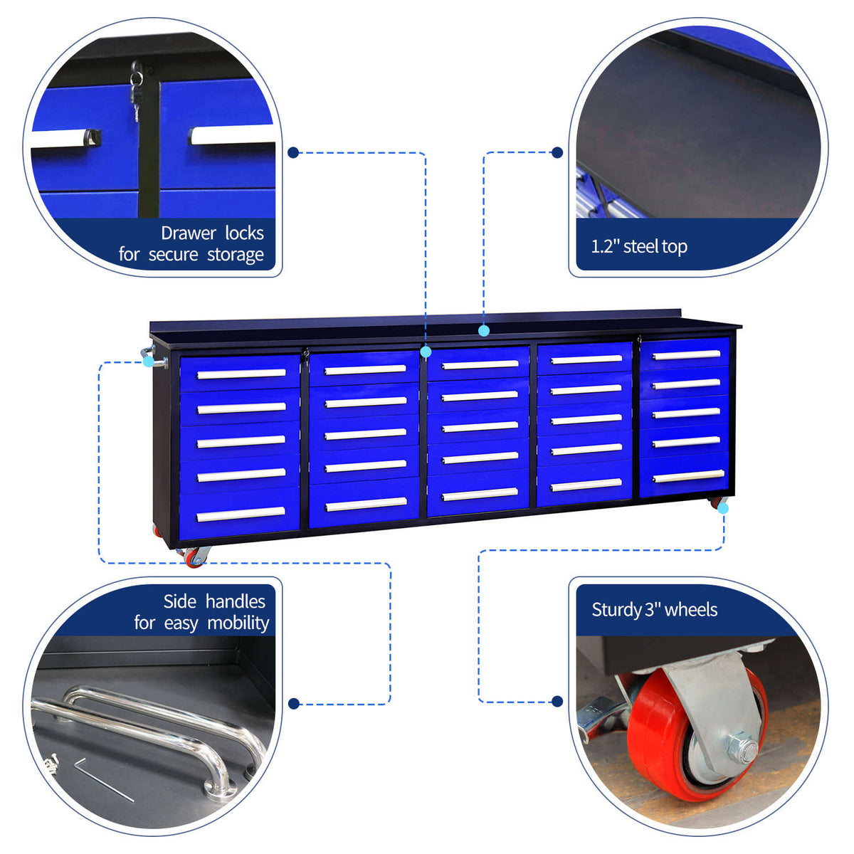 10ft 25-Drawer Storage Workbench with Wheels - Home Outpost Supply