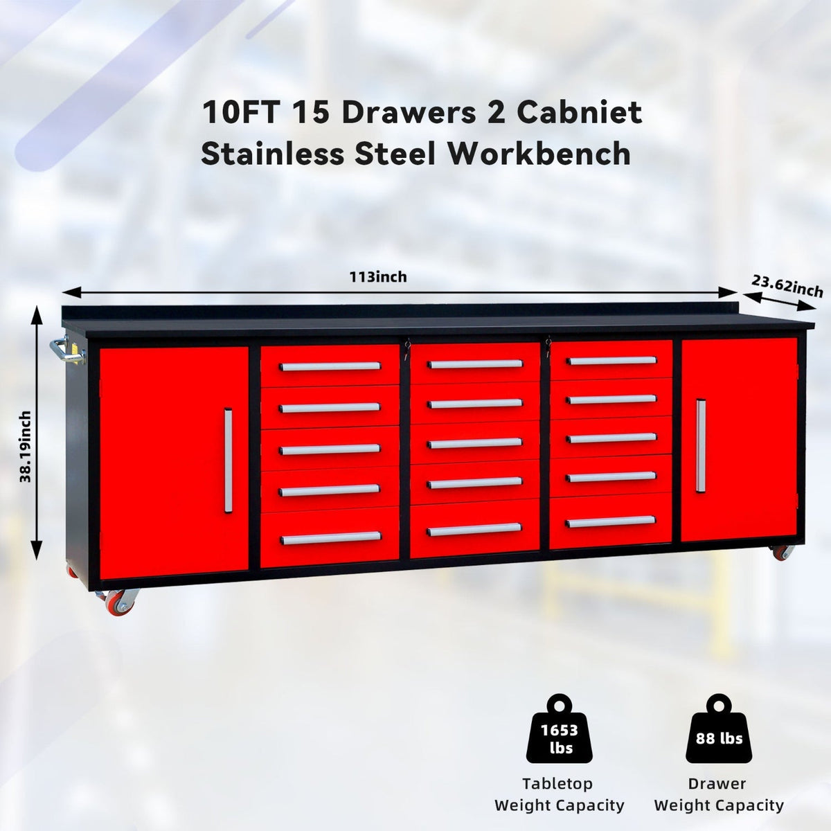 10ft Workbench Storage Cabinet with 15 Drawers & 2 Cabinets - Home Outpost Supply
