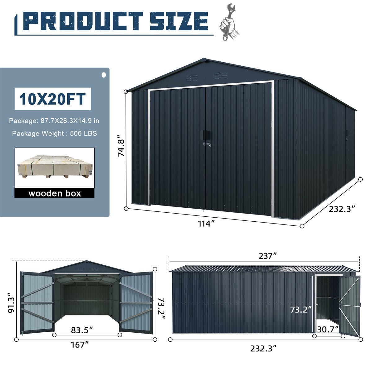 10'x20' Plus Upgraded Metal Shed with Double Front Doors & Side Entry Door - Home Outpost Supply