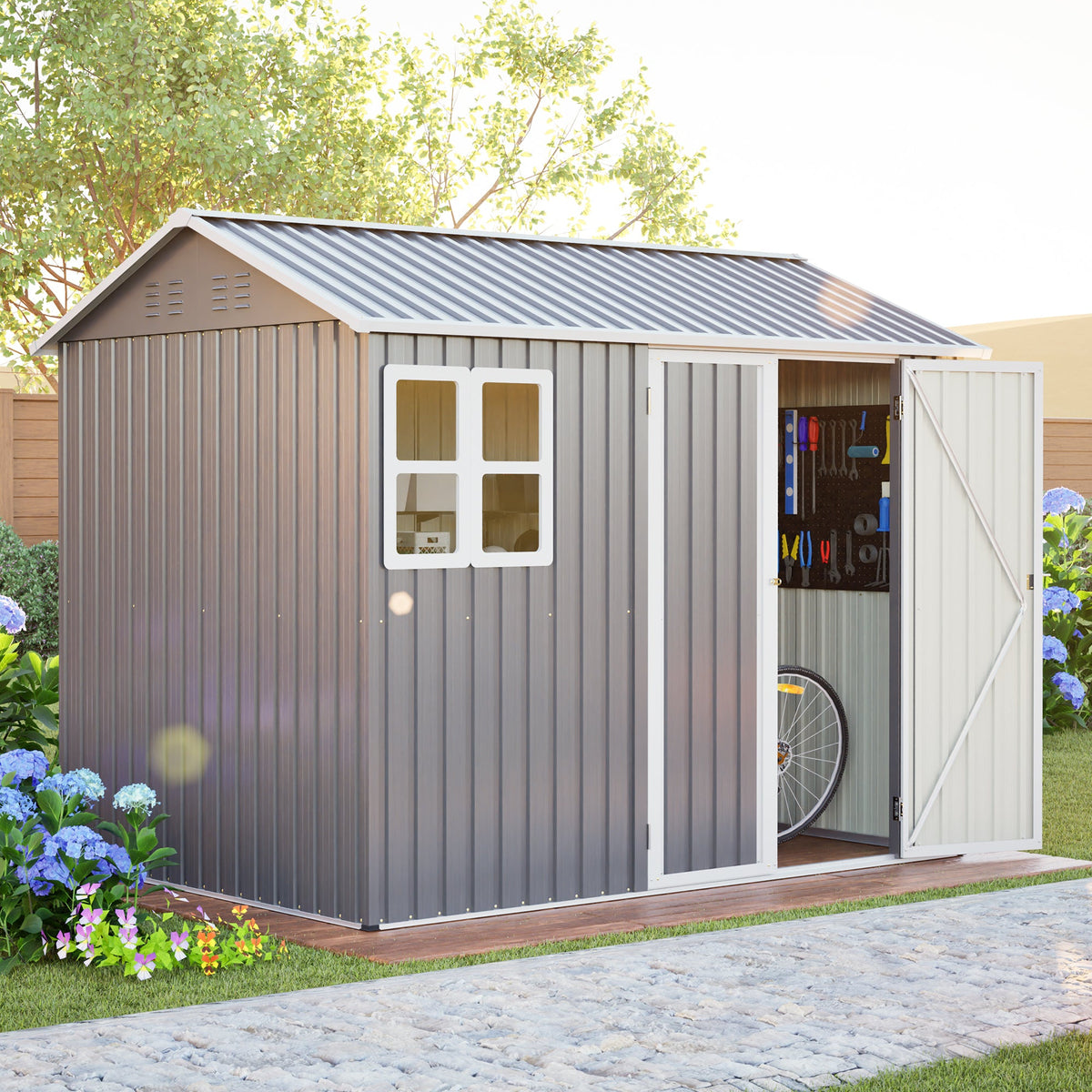 8' x 6' Metal Storage Shed with Window & Lockable Doors – Dark Gray