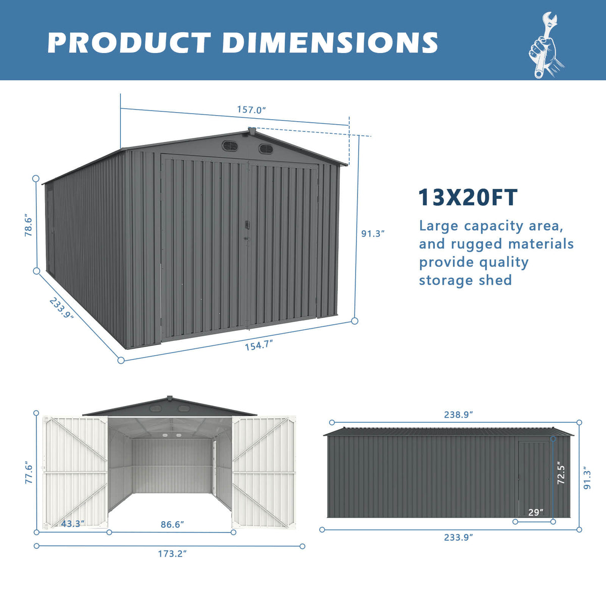 13'x20' Metal Shed with Double Front Doors & Side Entry Door - Home Outpost Supply