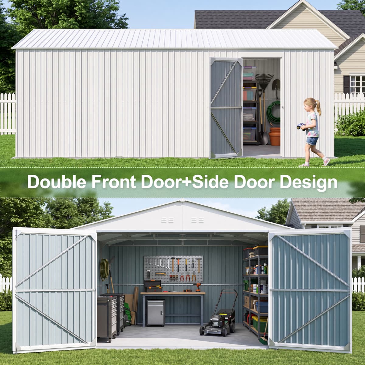 13'x20' Plus Upgraded Metal Shed w/ Double Front Doors & Side Entry Door - Home Outpost Supply