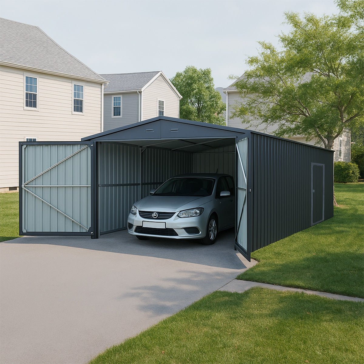 13'x20' Plus Upgraded Metal Shed w/ Double Front Doors & Side Entry Door - Home Outpost Supply