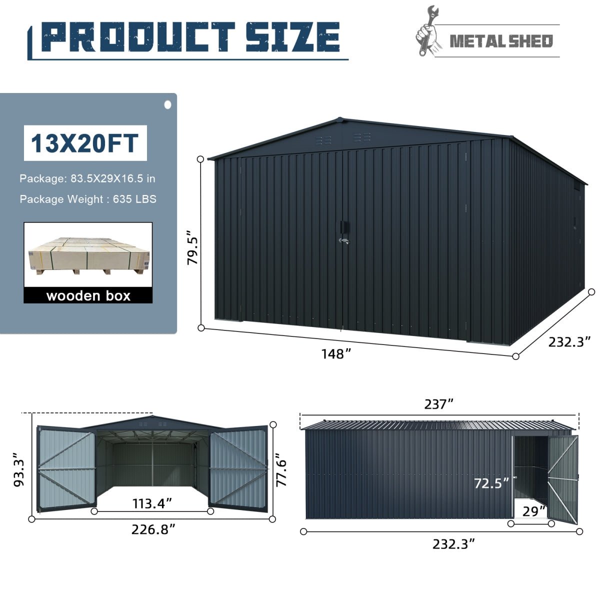 13'x20' Plus Upgraded Metal Shed w/ Double Front Doors & Side Entry Door - Home Outpost Supply