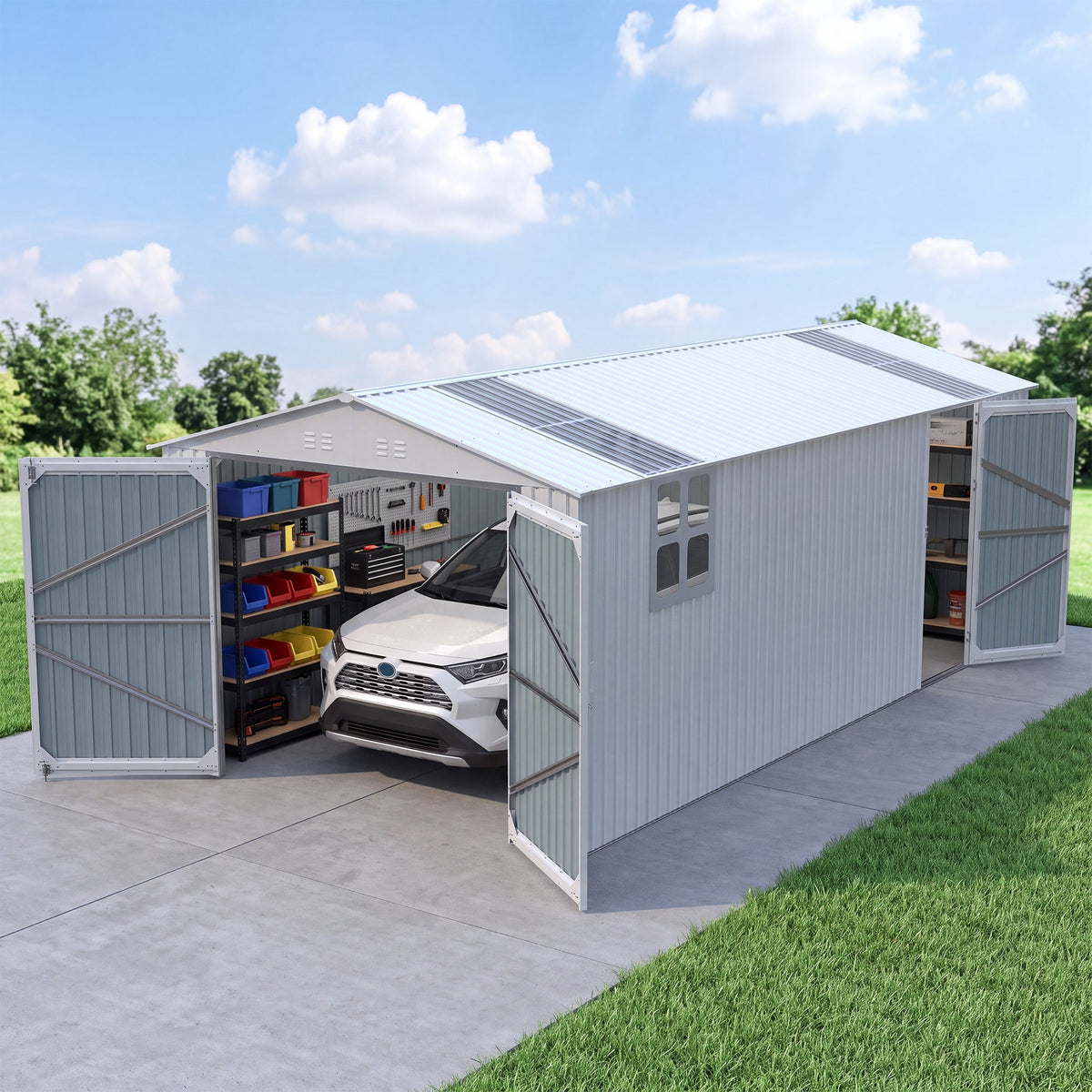 20' x 13' Metal Storage Shed with Skylight, Double Doors & Side Entry