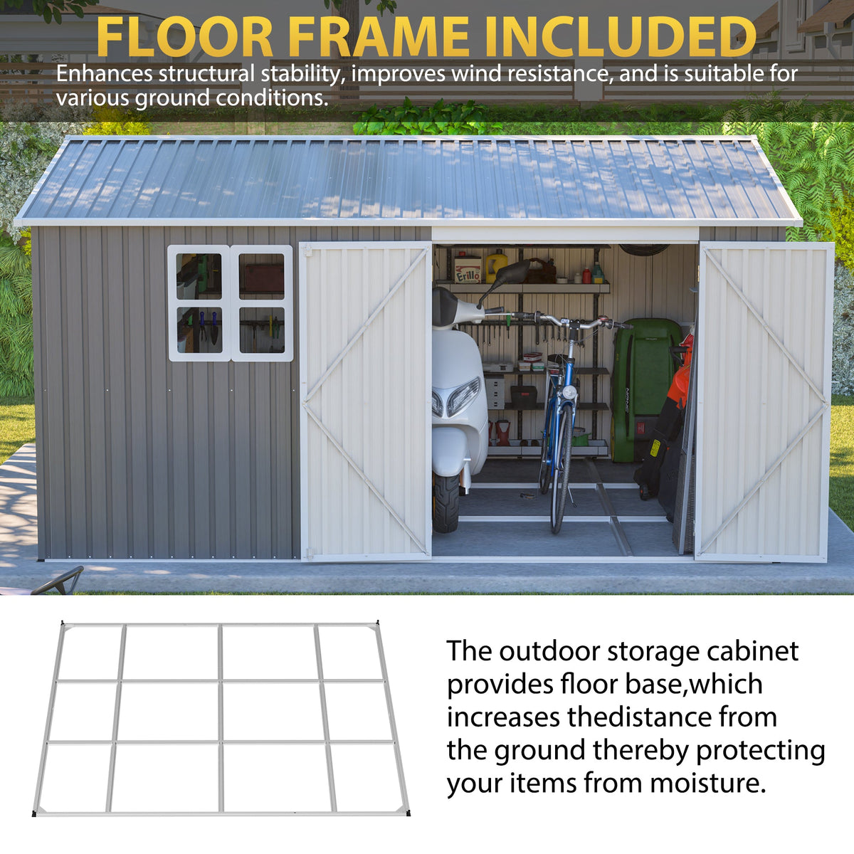 12' x 10' Outdoor Metal Storage Shed with Lockable Double Doors – Grey