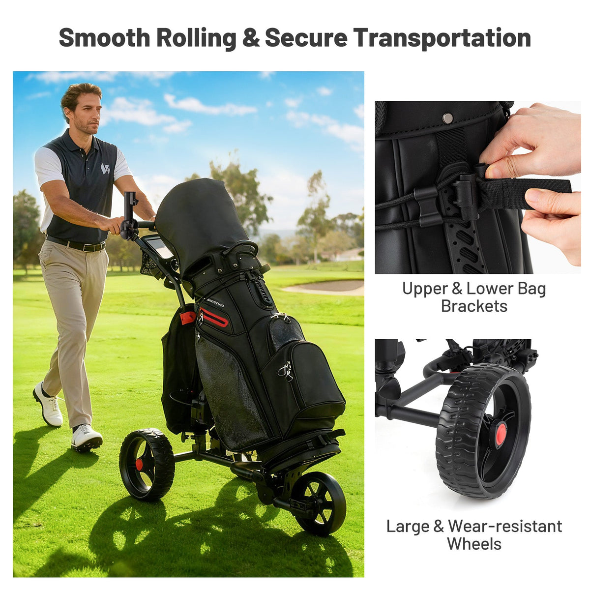 3-Wheel Electric Golf Cart with 9 Speeds, USB Port and Cooler Bag being pushed on grass