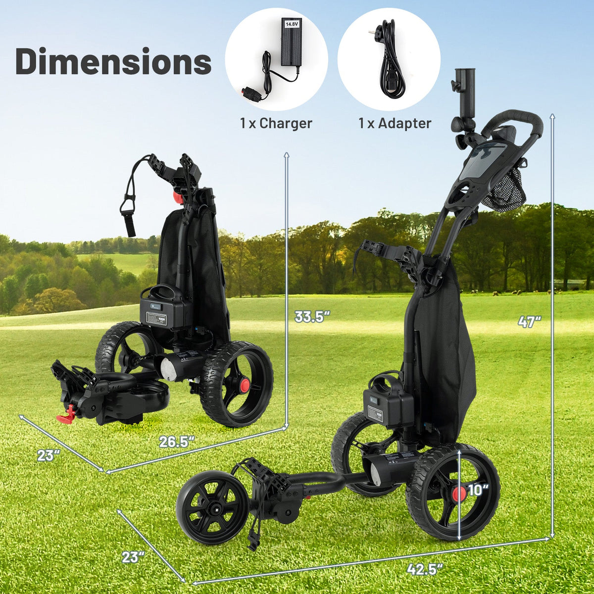 3-wheel electric golf cart shown from multiple angles with dimensions, charger, and adapter included