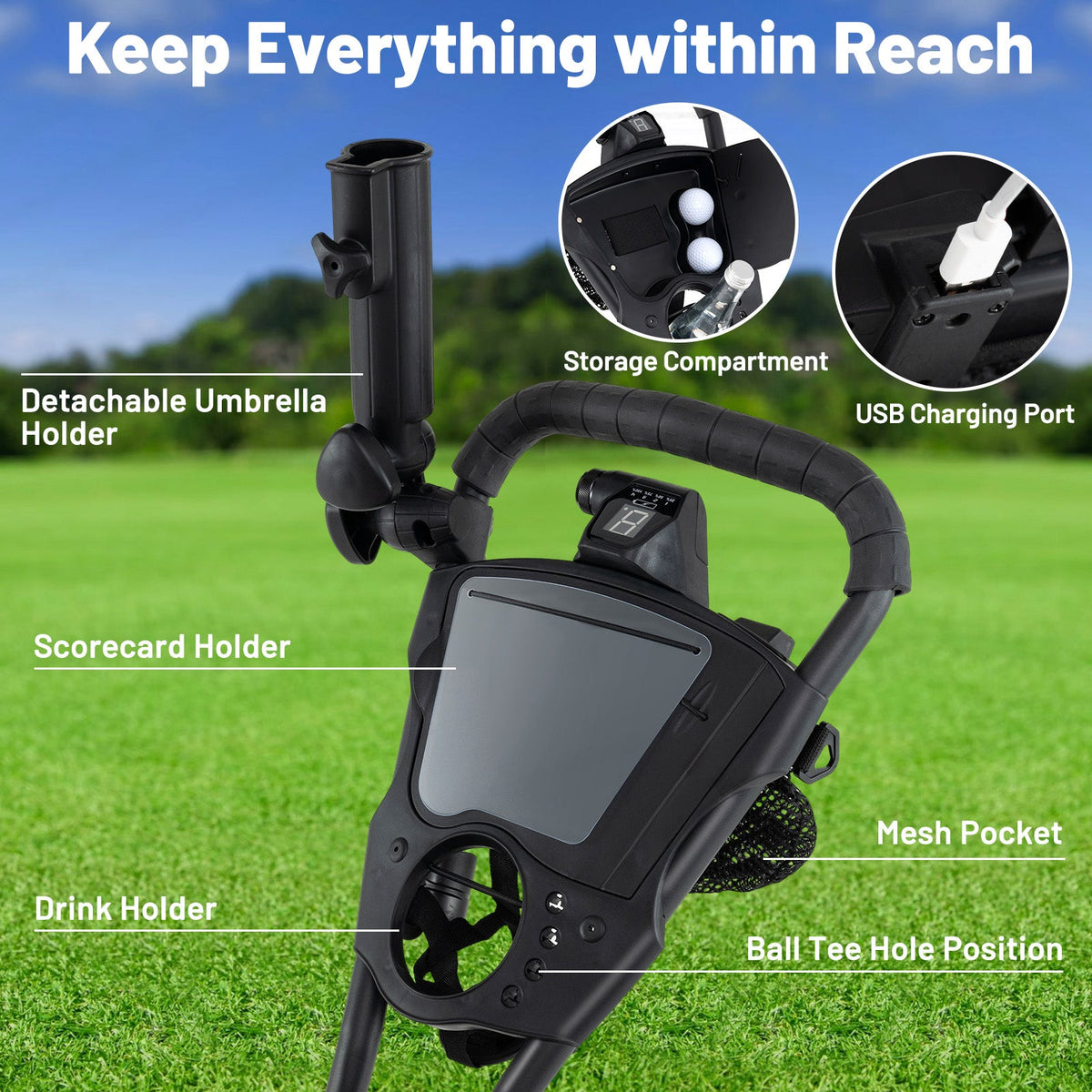3-wheel electric golf cart with detachable umbrella holder, storage compartment, and USB charging port
