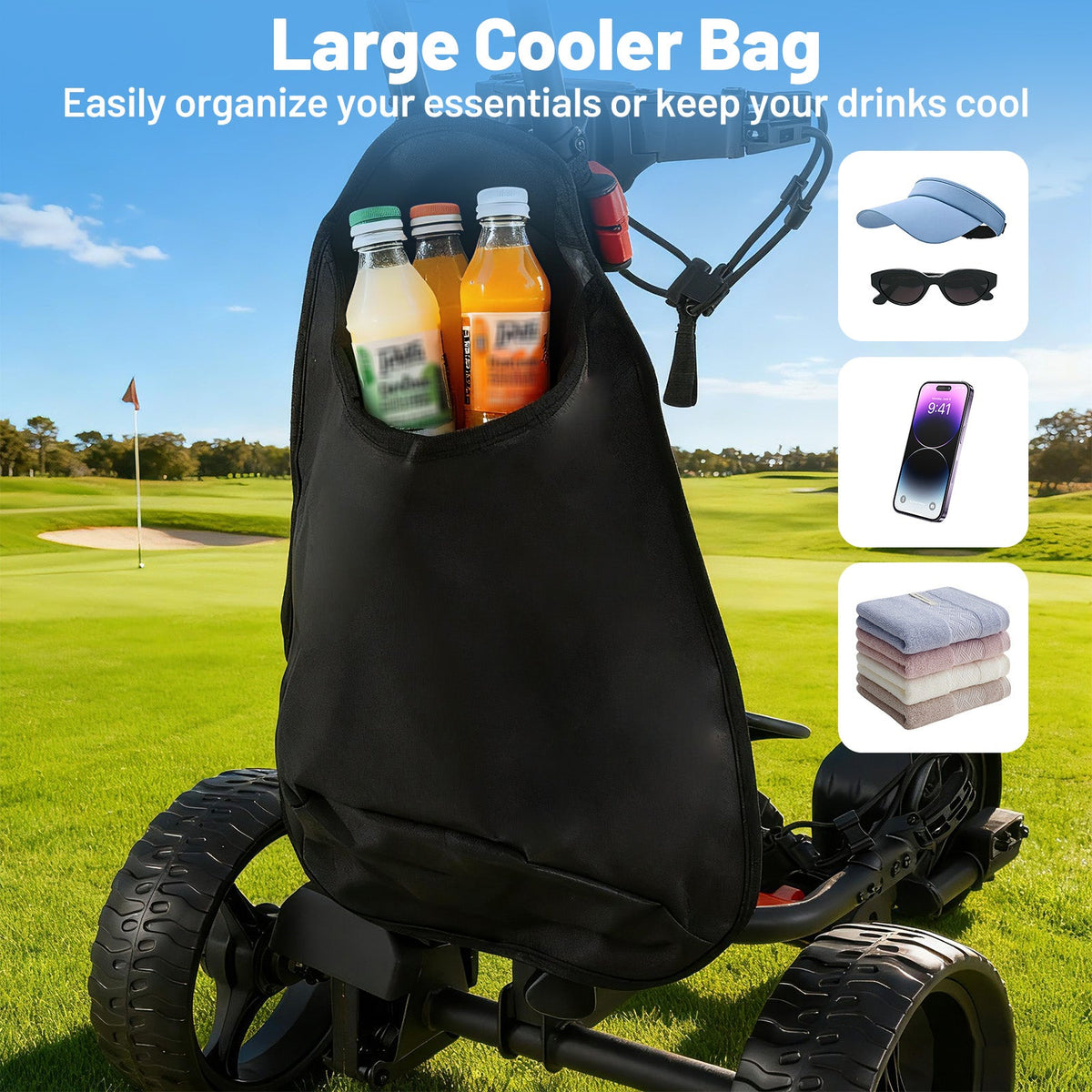 Black cooler bag mounted on 3-wheel golf cart with beverage bottles visible on grass golf course