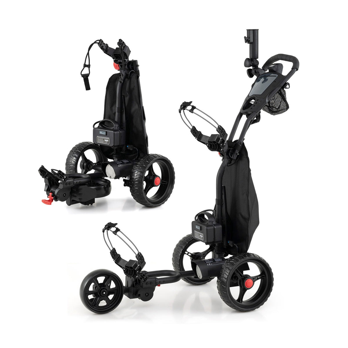 3-Wheel Electric Golf Cart with 9 Speeds, USB Port and Cooler Bag shown in multiple views