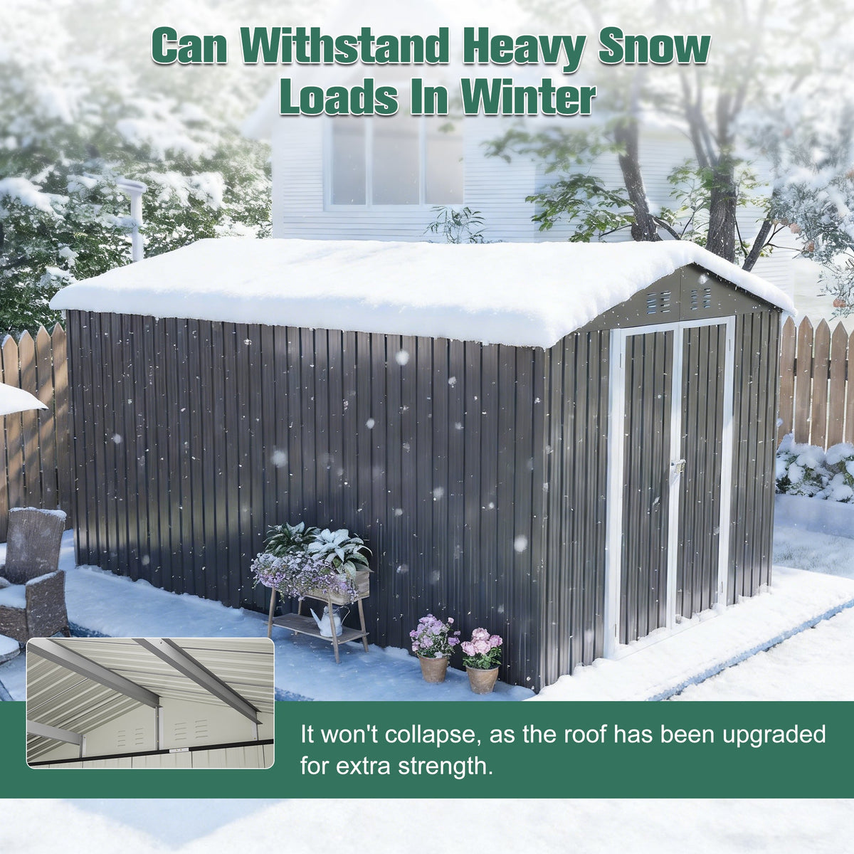 8' x 12' Lockable Metal Storage Shed with Aluminum Frame – Gray