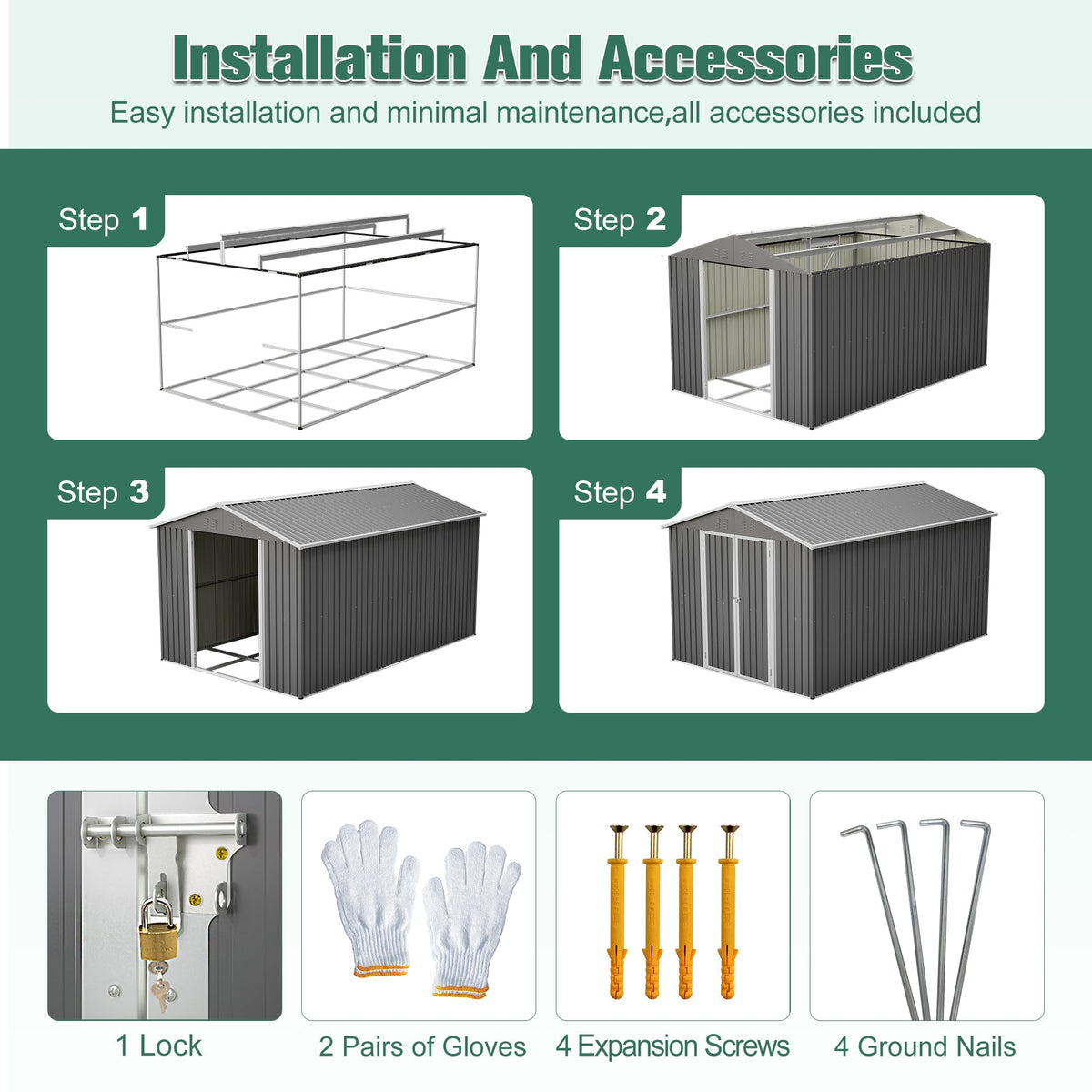 8' x 12' Lockable Metal Storage Shed with Aluminum Frame – Gray