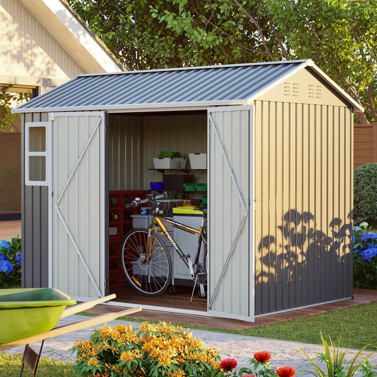 8' x 6' Metal Storage Shed with Window & Lockable Doors – Dark Gray