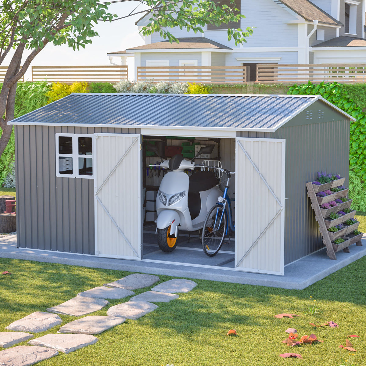 12' x 10' Outdoor Metal Storage Shed with Lockable Double Doors – Grey