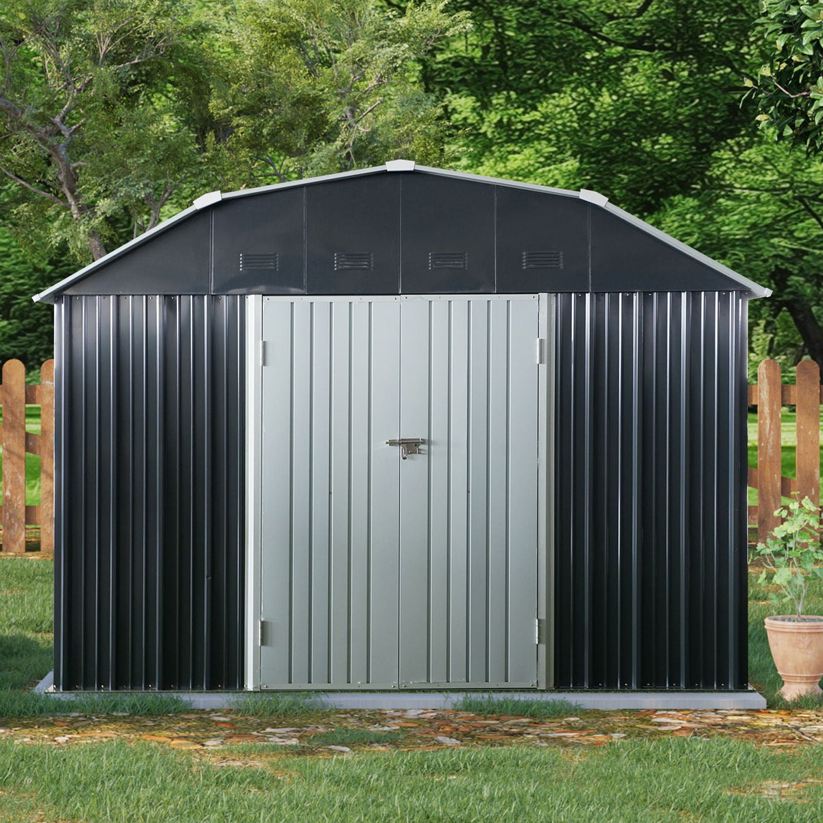 10' x 12' Black Metal Storage Shed with Arch Roof & Lockable Doors