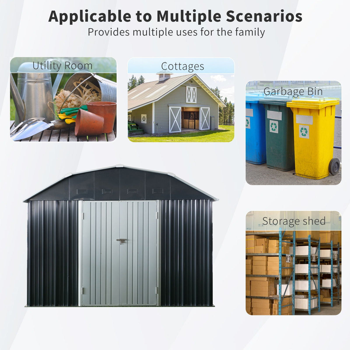 10' x 12' Black Metal Storage Shed with Arch Roof & Lockable Doors