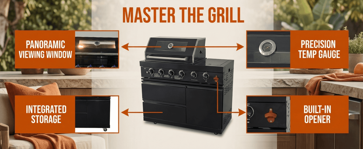46" Four Burners Black Outdoor Kitchen Islands Grill + Side Burner - Home Outpost Supply