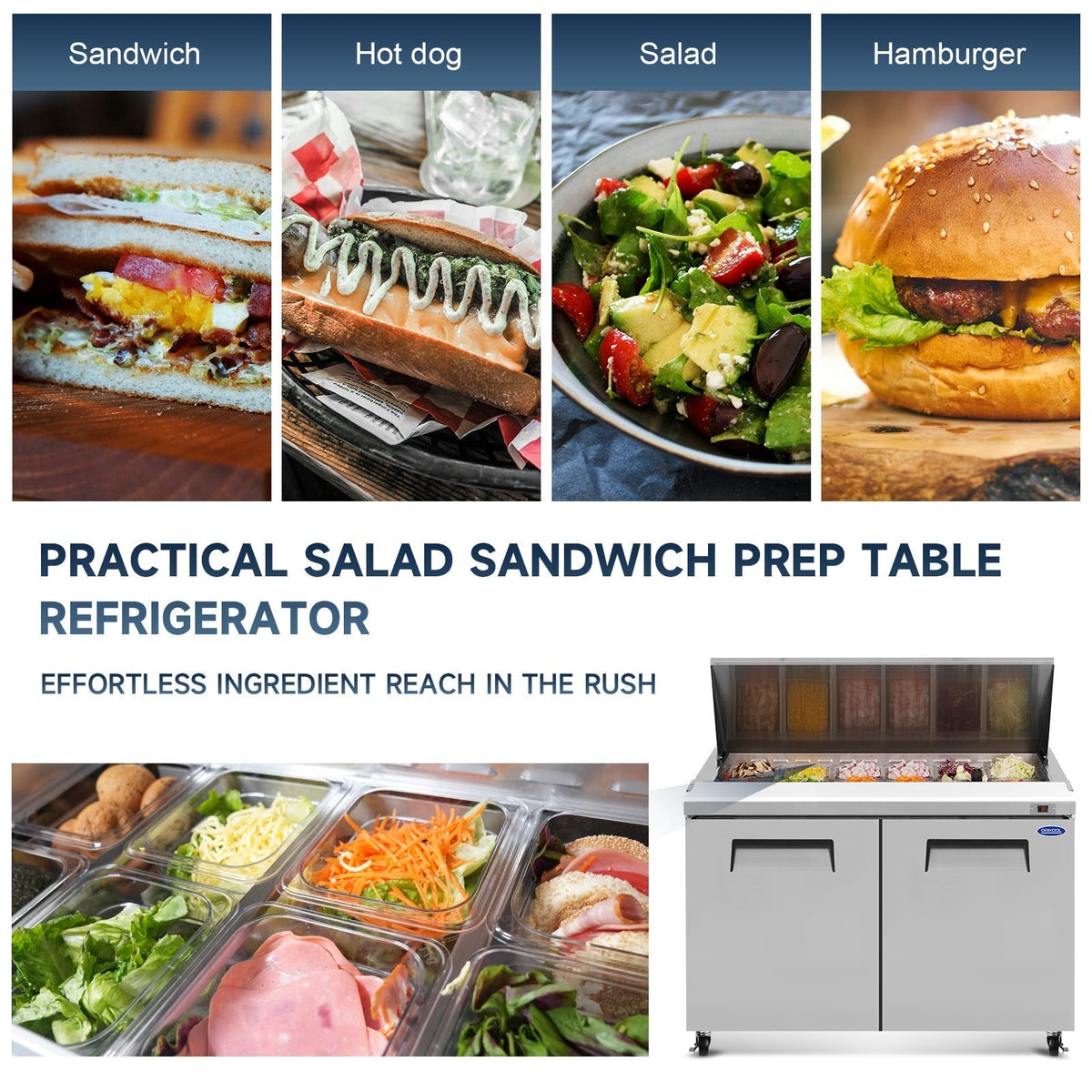 48" Width Commercial Refrigerators Sandwich & Salad Prep Table with a Butcher Block Cutting Board - Home Outpost Supply