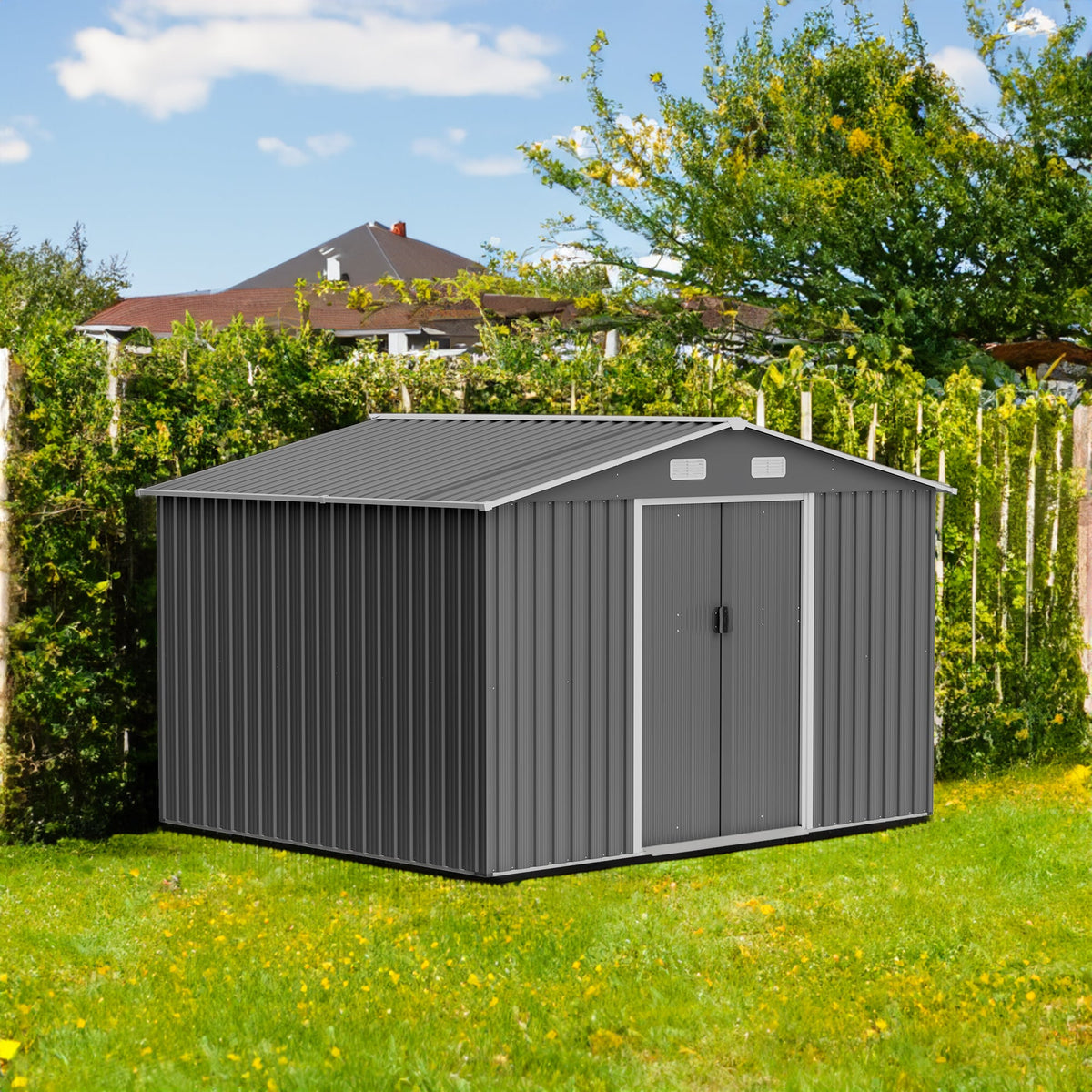 10' x 8' Outdoor Metal Storage Shed with Foundation & Lockable Doors – Gray
