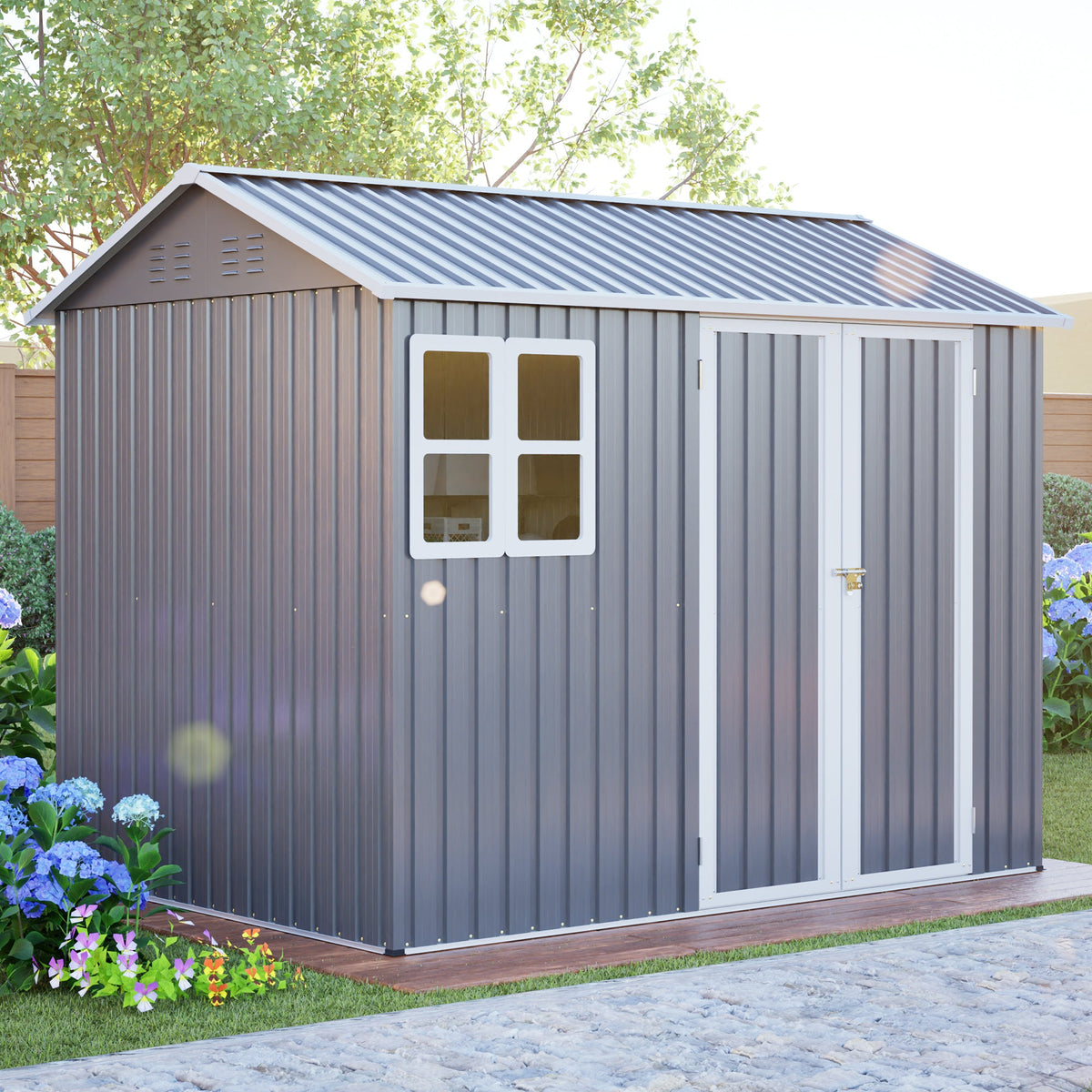 8' x 6' Metal Storage Shed with Window & Lockable Doors – Dark Gray