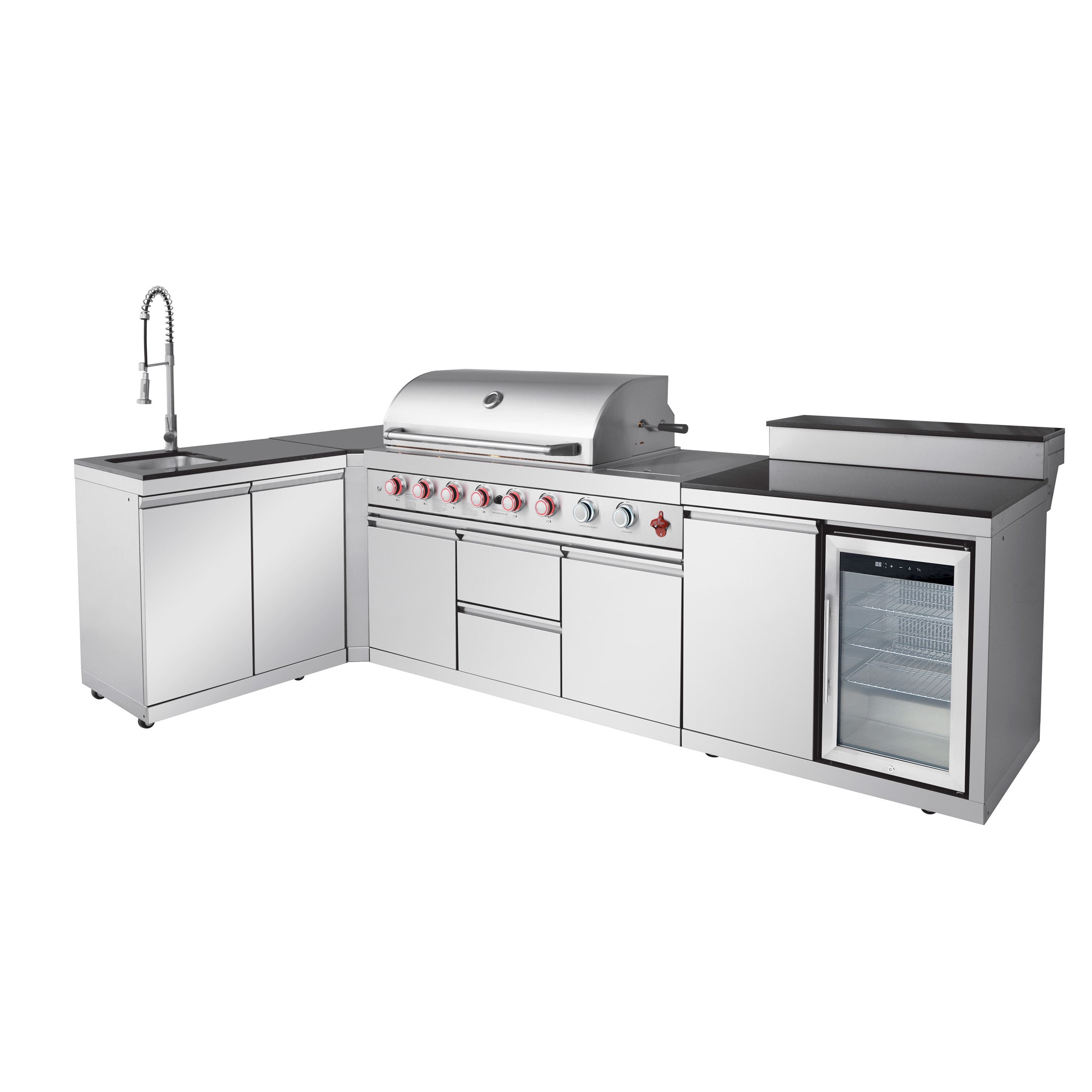 95.8"  6+1 Burner 95,500 BTU Outdoor Kitchen Island Grill Silver + Sink + Refrigerator + Bar Table