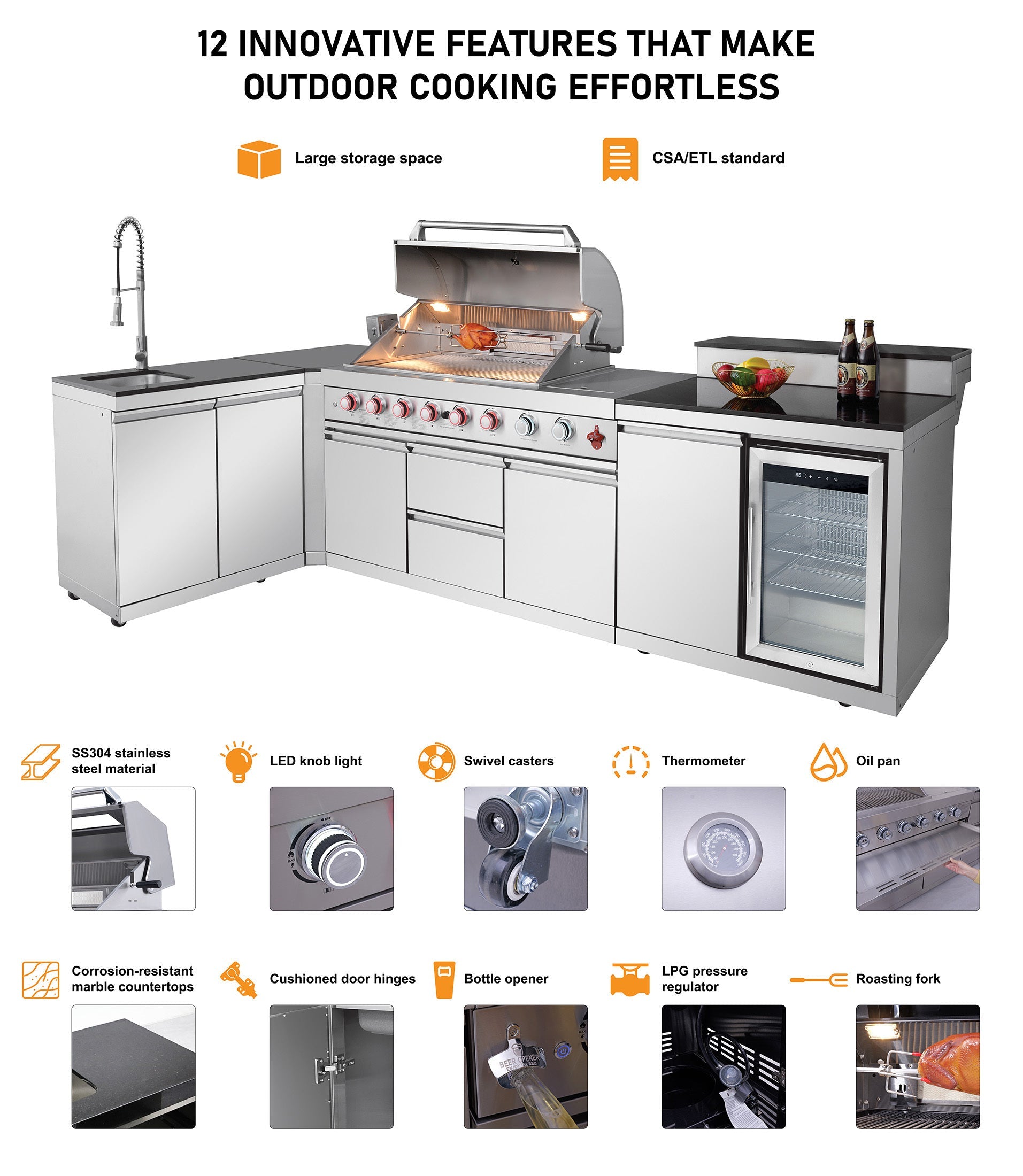 95.8"  6+1 Burner 95,500 BTU Outdoor Kitchen Island Grill Silver + Sink + Refrigerator + Bar Table