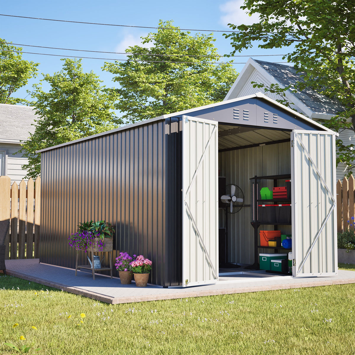 8' x 12' Lockable Metal Storage Shed with Aluminum Frame – Gray