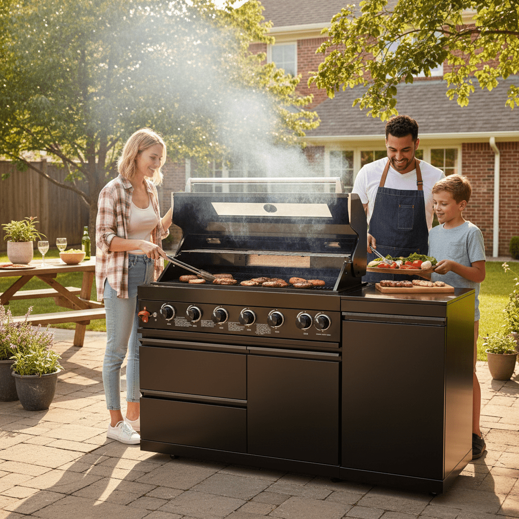 63" 6-Burner 85,000 BTU Black Outdoor Kitchen Island Grill + Marble Countertops - Home Outpost Supply