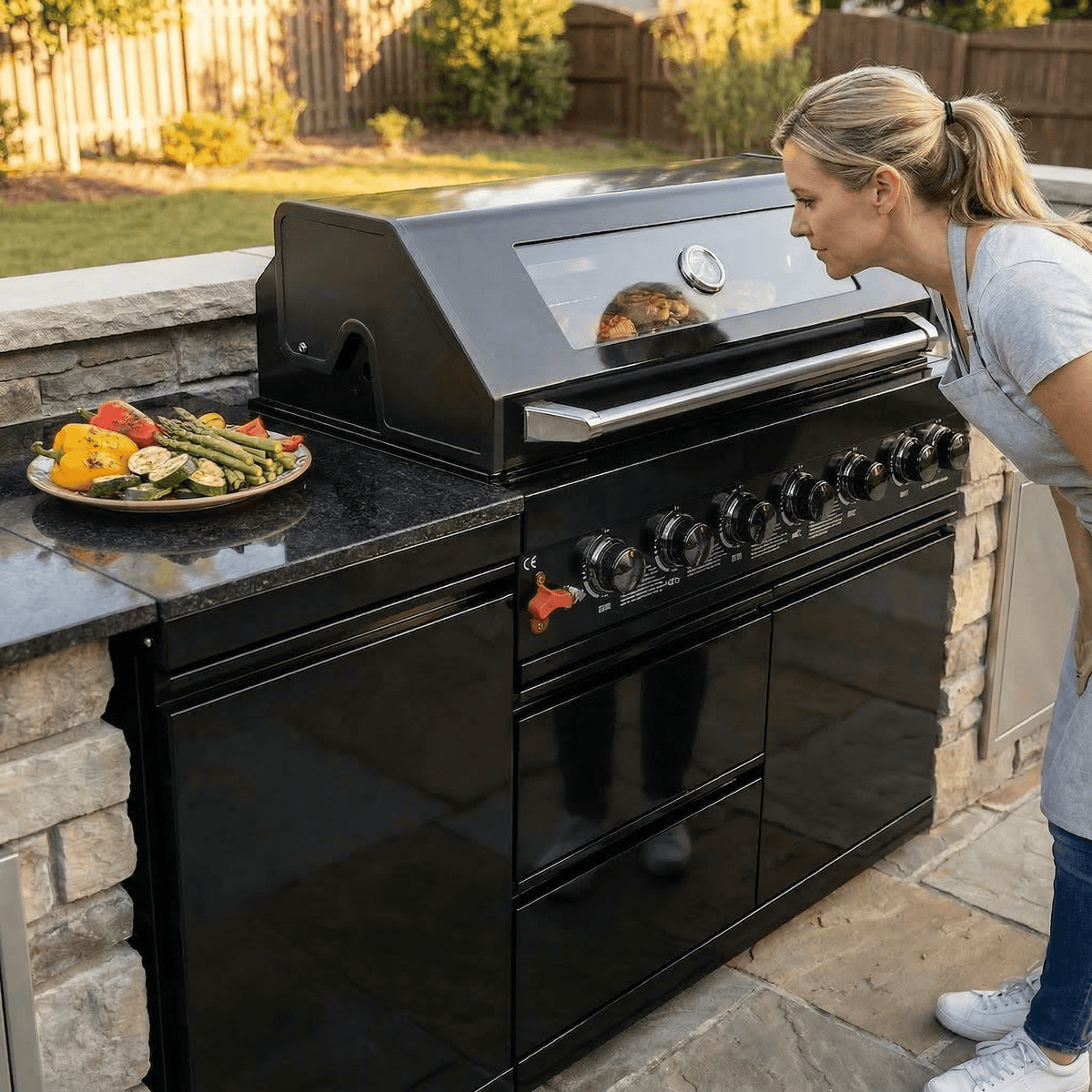 63" 6-Burner 85,000 BTU Black Outdoor Kitchen Island Grill + Marble Countertops - Home Outpost Supply