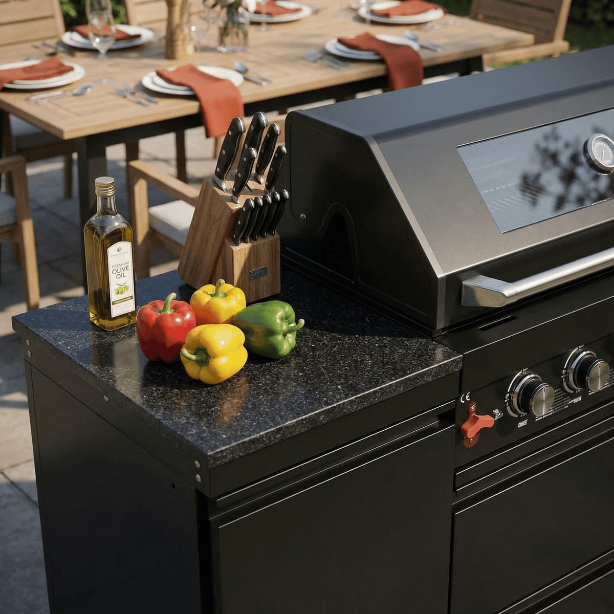 63" 6-Burner 85,000 BTU Black Outdoor Kitchen Island Grill + Marble Countertops - Home Outpost Supply