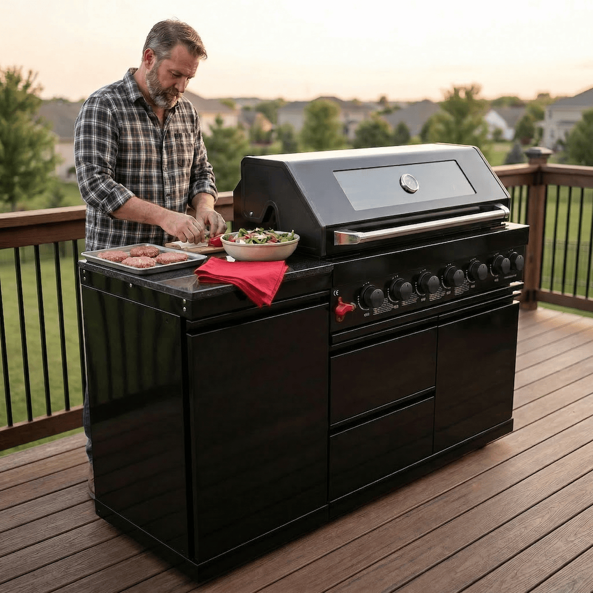 63" 6-Burner 85,000 BTU Black Outdoor Kitchen Island Grill + Marble Countertops - Home Outpost Supply