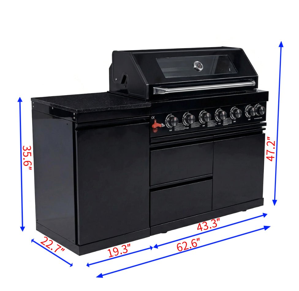 63" 6-Burner 85,000 BTU Black Outdoor Kitchen Island Grill + Marble Countertops - Home Outpost Supply
