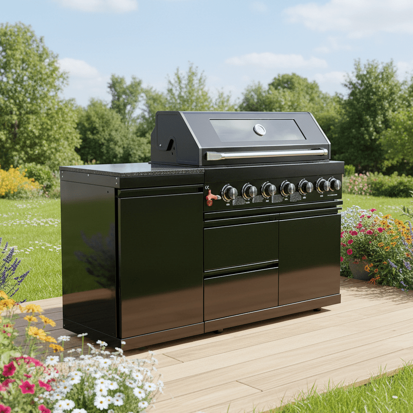 63" 6-Burner 85,000 BTU Black Outdoor Kitchen Island Grill + Marble Countertops - Home Outpost Supply