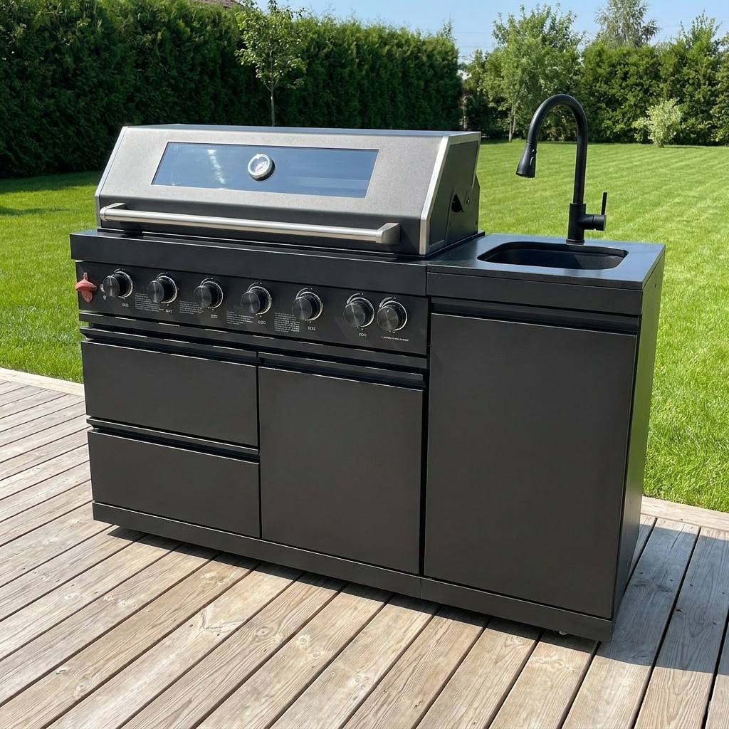 63" 6-Burner 85000 BTU Black Outdoor Kitchen Island Grill + Marble Countertops + Sink - Home Outpost Supply