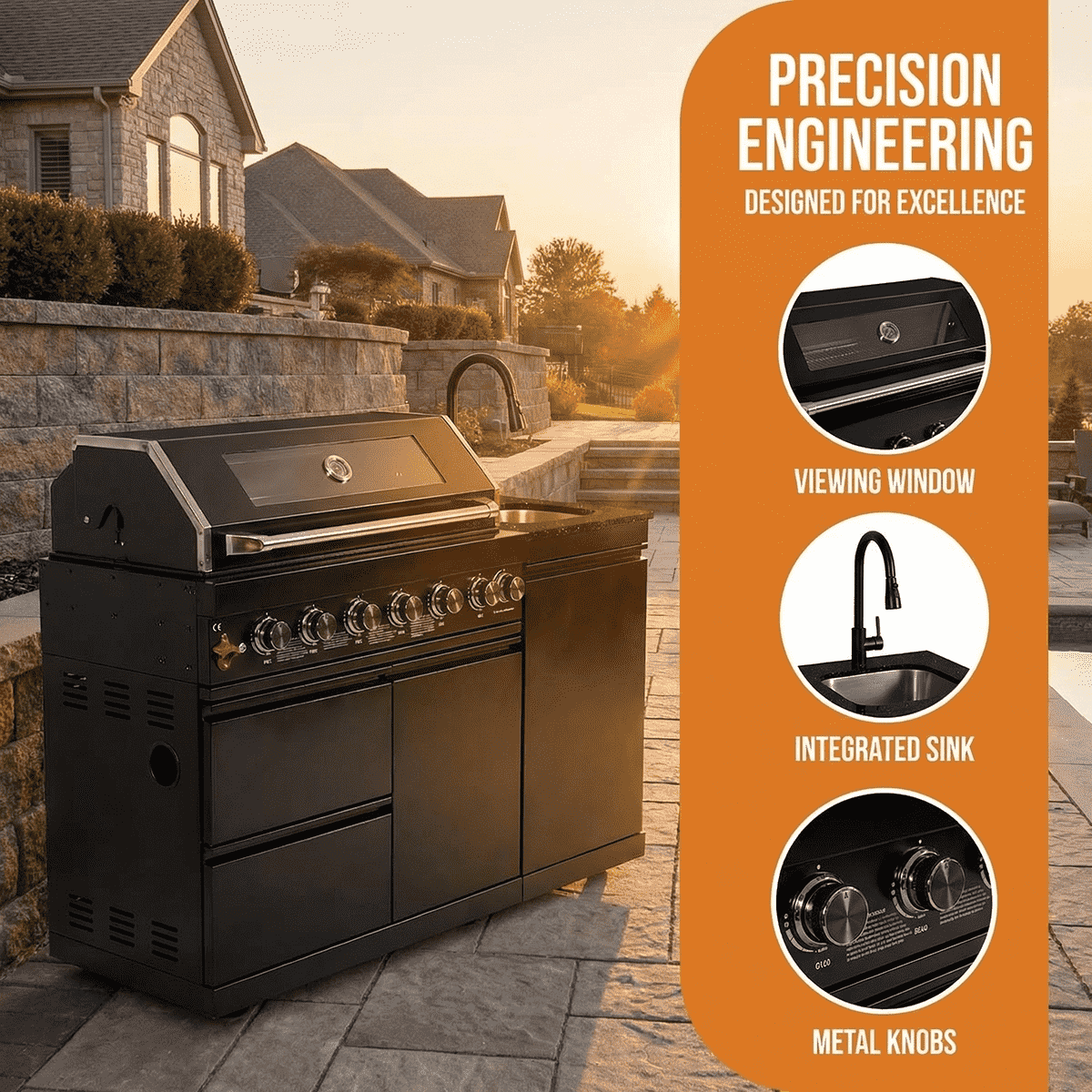 63" 6-Burner 85000 BTU Black Outdoor Kitchen Island Grill + Marble Countertops + Sink - Home Outpost Supply