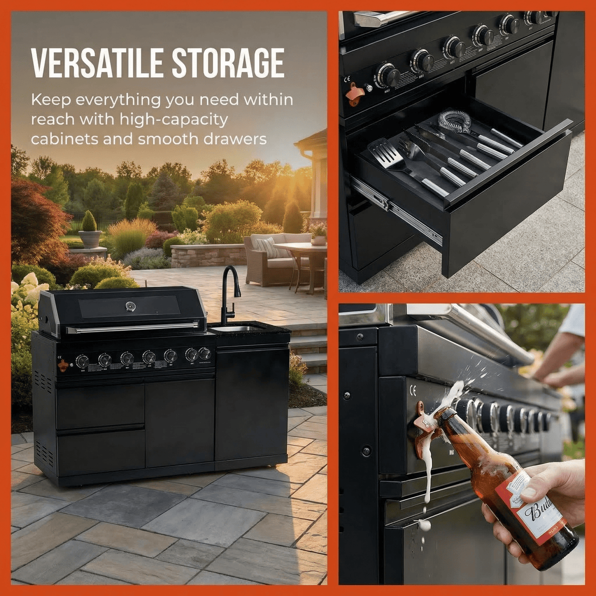 63" 6-Burner 85000 BTU Black Outdoor Kitchen Island Grill + Marble Countertops + Sink - Home Outpost Supply
