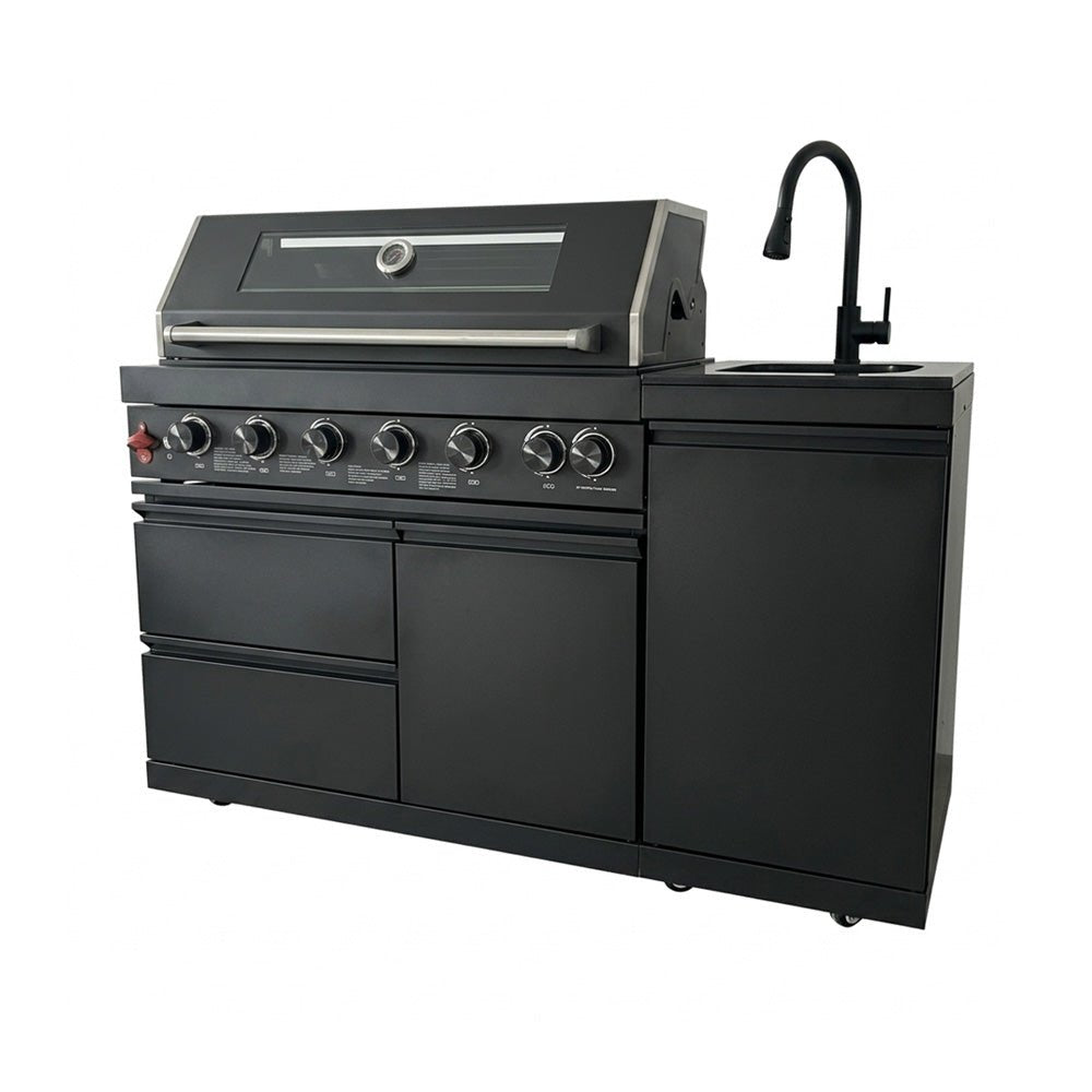 63" 6-Burner 85000 BTU Black Outdoor Kitchen Island Grill + Marble Countertops + Sink - Home Outpost Supply