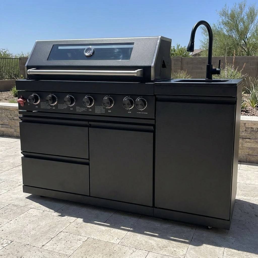 63" 6-Burner 85000 BTU Black Outdoor Kitchen Island Grill + Marble Countertops + Sink - Home Outpost Supply